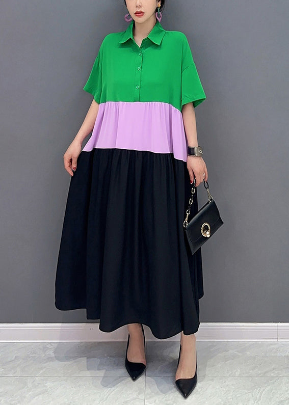 Chic Colorblock Peter Pan Collar Patchwork Cotton A Line Dress Short Sleeve LY0550