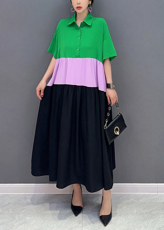 Chic Colorblock Peter Pan Collar Patchwork Cotton A Line Dress Short Sleeve LY0550 - fabuloryshop