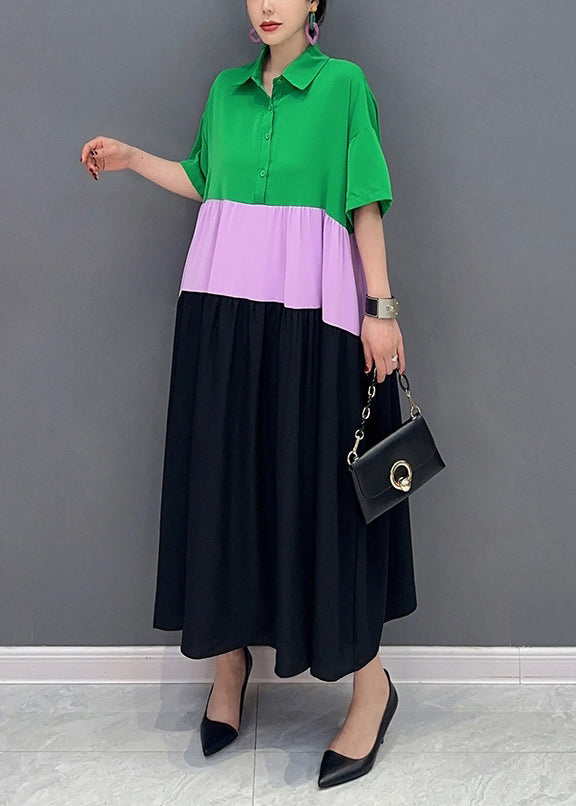 Chic Colorblock Peter Pan Collar Patchwork Cotton A Line Dress Short Sleeve LY0550