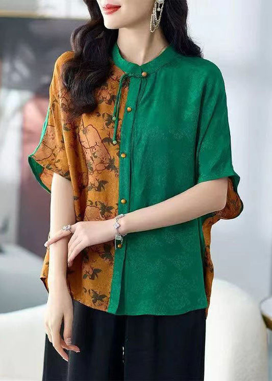 Chic Colorblock Stand Collar Tasseled Print Patchwork Silk Shirts Tops Summer TF1023 - fabuloryshop