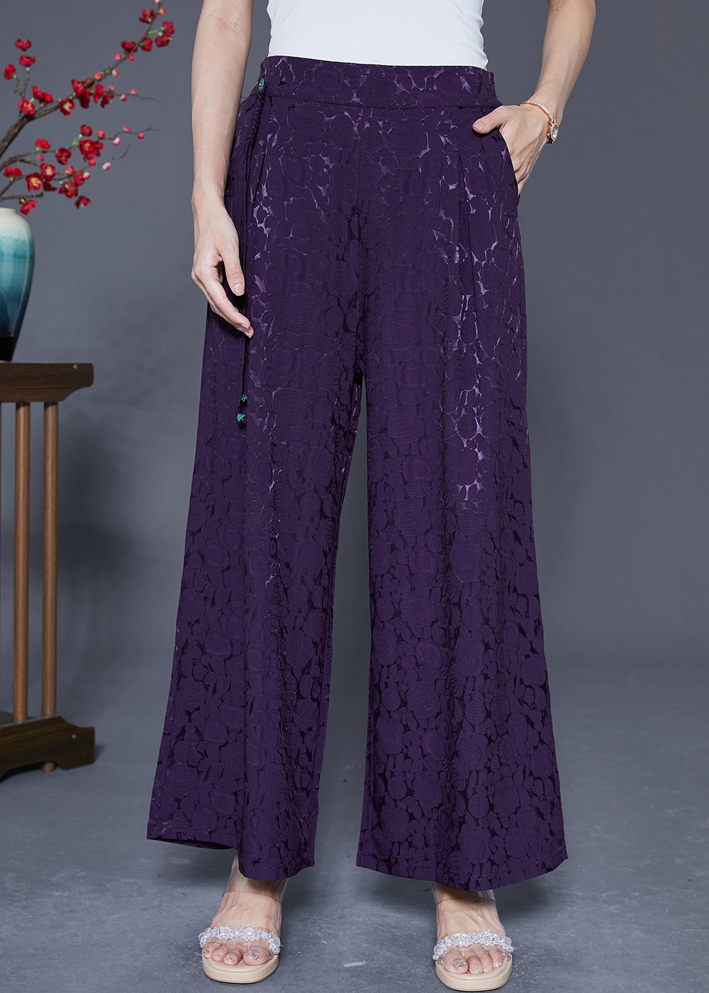 Chic Dark Purple Elastic Waist Jacquard Silk Pants Summer LY5400 - fabuloryshop