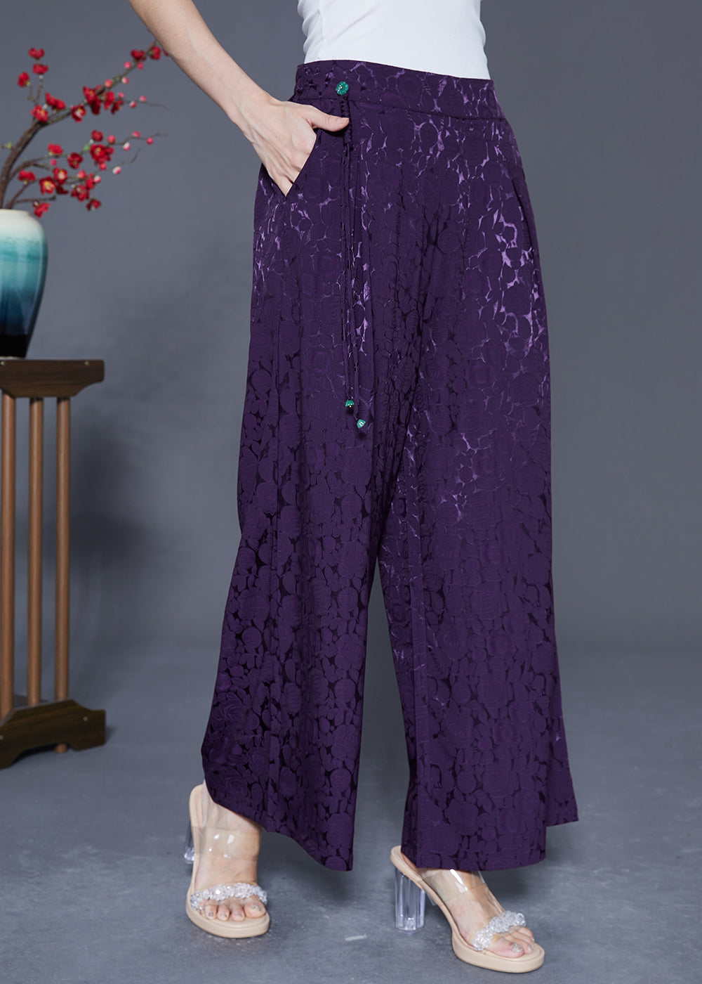 Chic Dark Purple Elastic Waist Jacquard Silk Pants Summer LY5400 - fabuloryshop