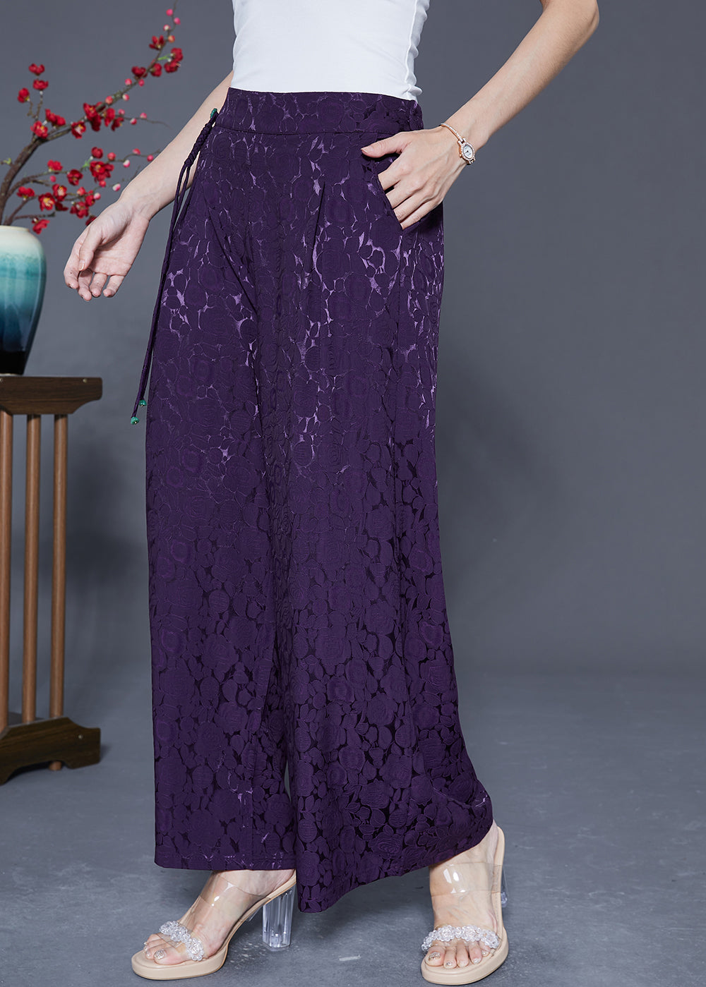 Chic Dark Purple Elastic Waist Jacquard Silk Pants Summer LY5400 - fabuloryshop