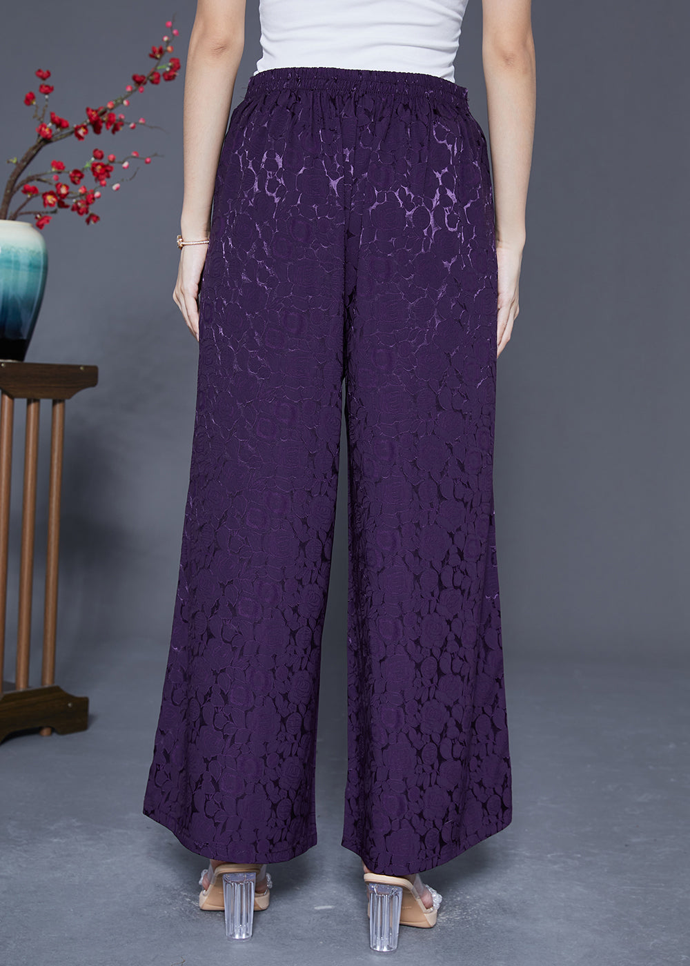 Chic Dark Purple Elastic Waist Jacquard Silk Pants Summer LY5400 - fabuloryshop