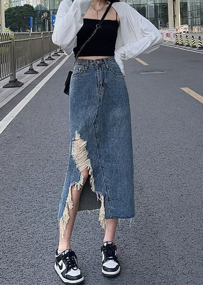 Chic Denim Blue Asymmetrical Patchwork Pockets A Line Skirt LY7924