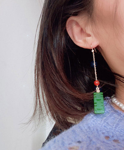 Chic Dry Green Agate Sterling Silver Tassel Drop Earrings LY2022 - fabuloryshop