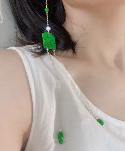 Chic Dry Green Jade Overgild Jade Pearl Tasserl Drop Earrings LY2003 - fabuloryshop