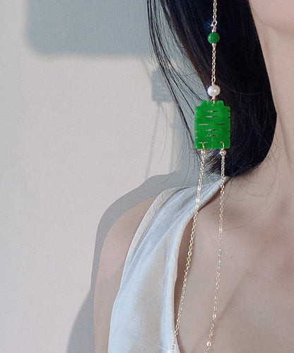 Chic Dry Green Jade Overgild Jade Pearl Tasserl Drop Earrings LY2003 - fabuloryshop