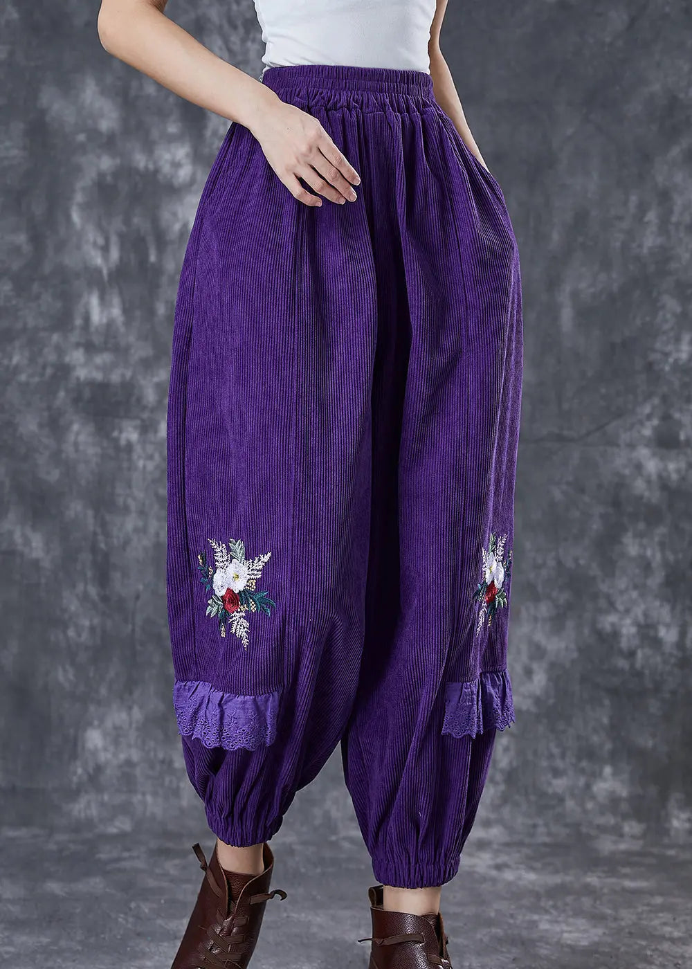 Chic Dull Purple Embroidered Patchwork Corduroy Pants Fall Ada Fashion