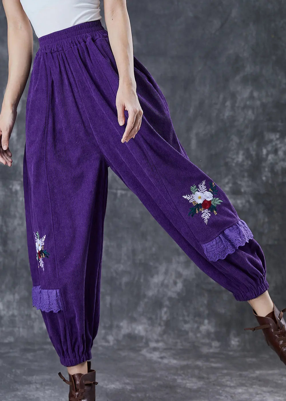 Chic Dull Purple Embroidered Patchwork Corduroy Pants Fall Ada Fashion