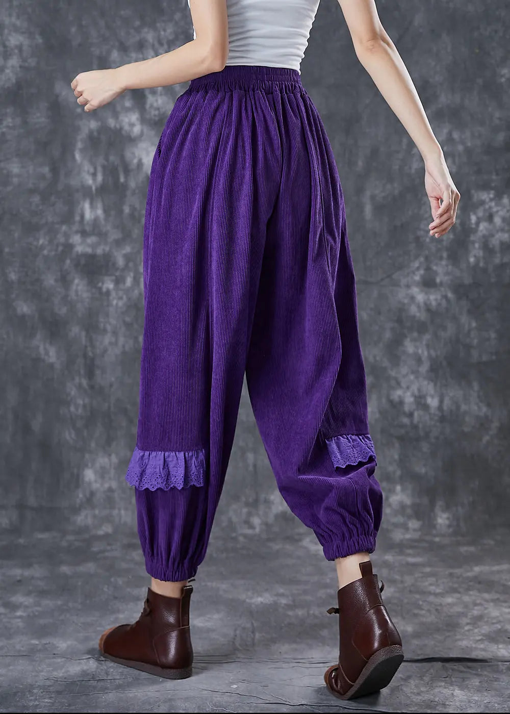 Chic Dull Purple Embroidered Patchwork Corduroy Pants Fall Ada Fashion