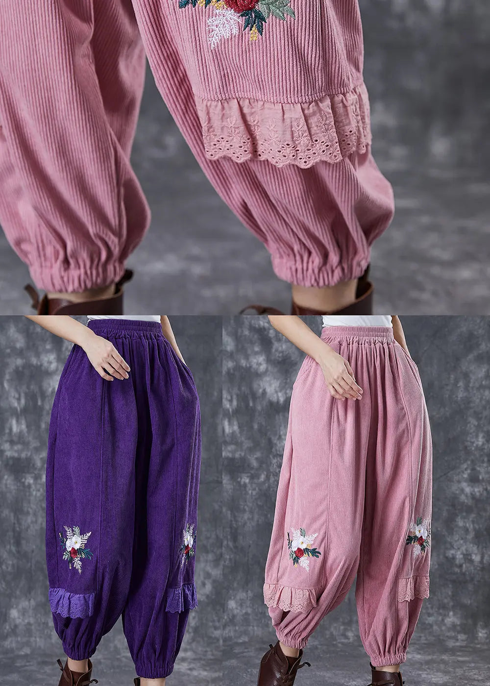 Chic Dull Purple Embroidered Patchwork Corduroy Pants Fall Ada Fashion
