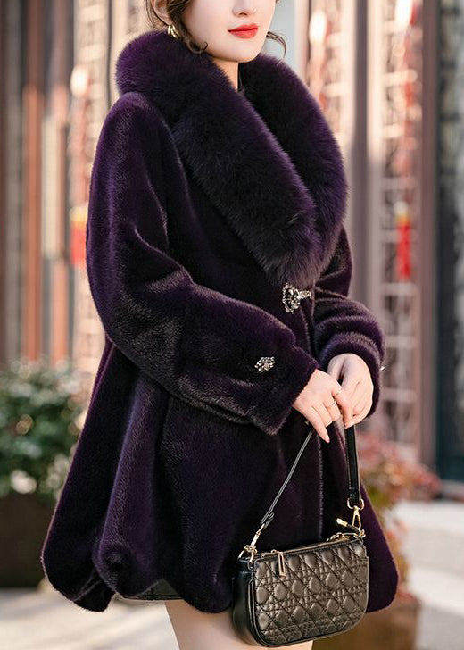 Chic Dull Purple Fur Collar Warm Mink Velvet Coat Winter Ada Fashion