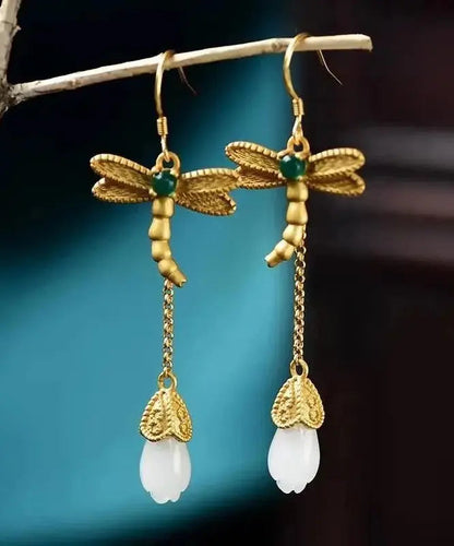 Chic Gold Sterling Silver Overgild Inlaid Jade Tassel Dragonfly Drop Earrings Ada Fashion