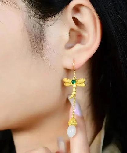 Chic Gold Sterling Silver Overgild Inlaid Jade Tassel Dragonfly Drop Earrings Ada Fashion