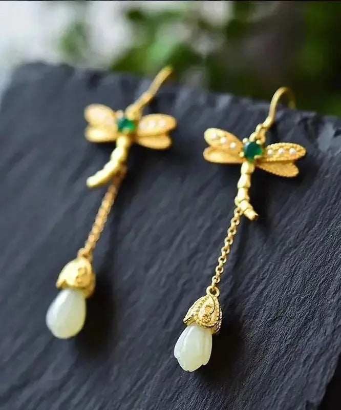 Chic Gold Sterling Silver Overgild Inlaid Jade Tassel Dragonfly Drop Earrings Ada Fashion