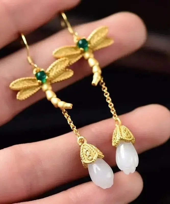 Chic Gold Sterling Silver Overgild Inlaid Jade Tassel Dragonfly Drop Earrings Ada Fashion