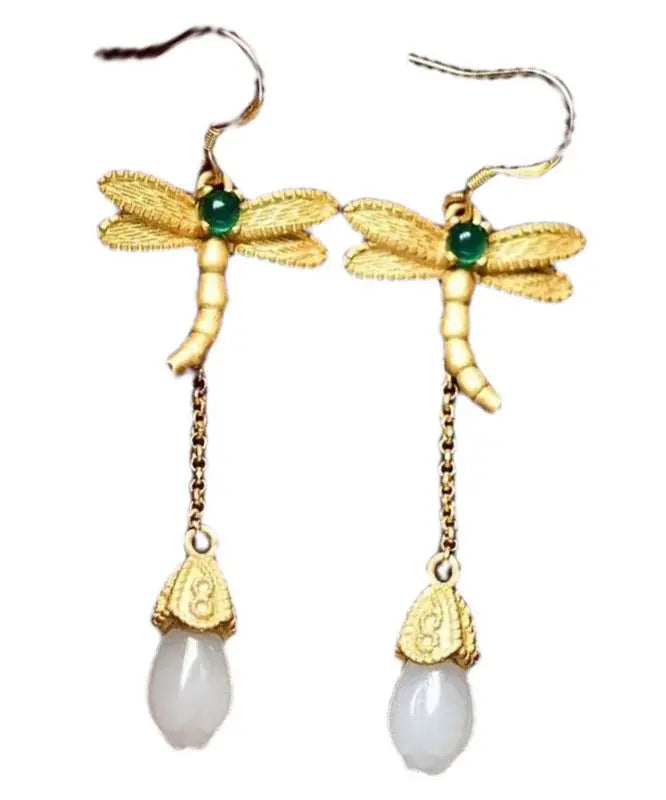 Chic Gold Sterling Silver Overgild Inlaid Jade Tassel Dragonfly Drop Earrings Ada Fashion