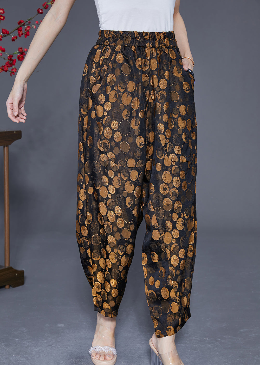 Chic Golden Dot Elastic Waist Pockets Silk Harem Pants Summer LY2361 - fabuloryshop