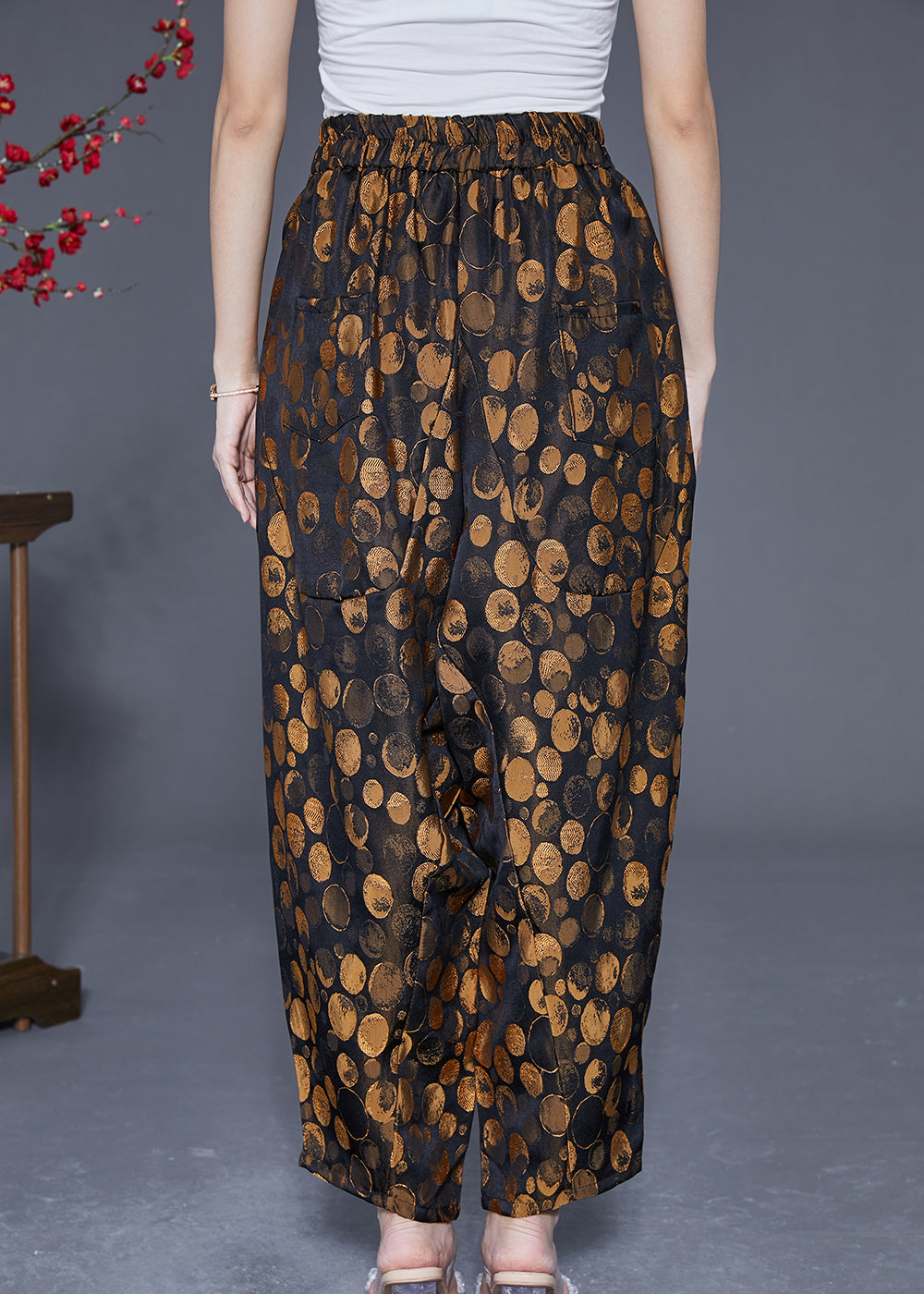 Chic Golden Dot Elastic Waist Pockets Silk Harem Pants Summer LY2361 - fabuloryshop