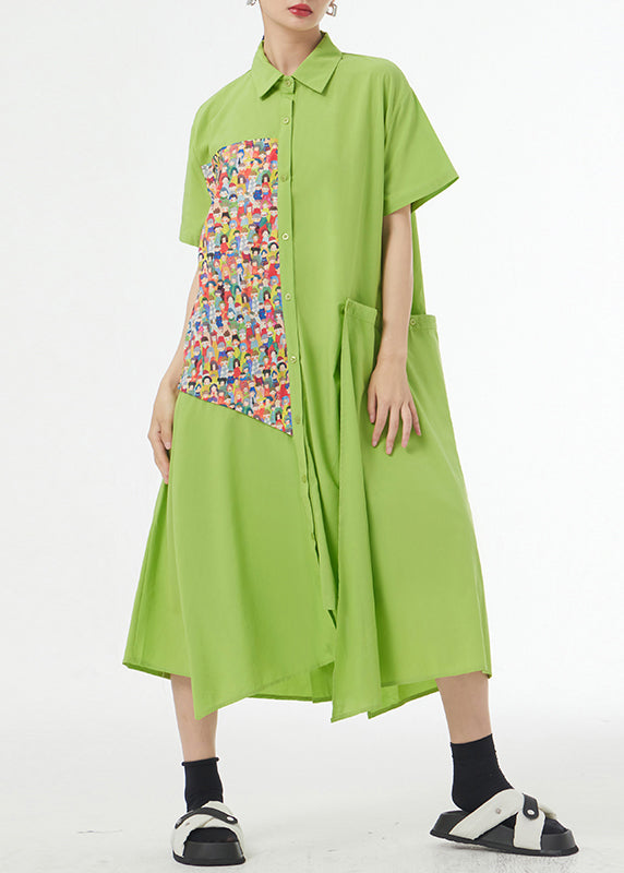 Chic Grass Green Asymmetrical Button Patchwork Silk Cotton Shirts Dress Summer Ada Fashion