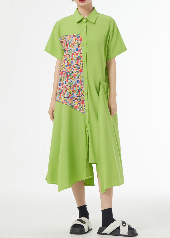 Chic Grass Green Asymmetrical Button Patchwork Silk Cotton Shirts Dress Summer Ada Fashion