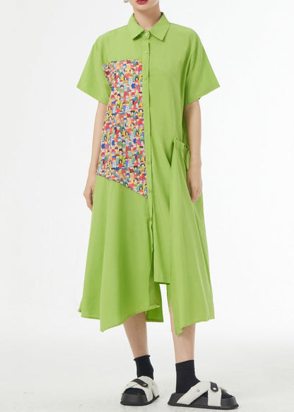 Chic Grass Green Asymmetrical Button Patchwork Silk Cotton Shirts Dress Summer Ada Fashion