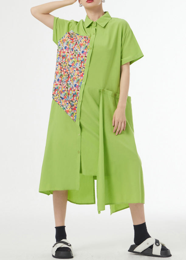 Chic Grass Green Asymmetrical Button Patchwork Silk Cotton Shirts Dress Summer Ada Fashion