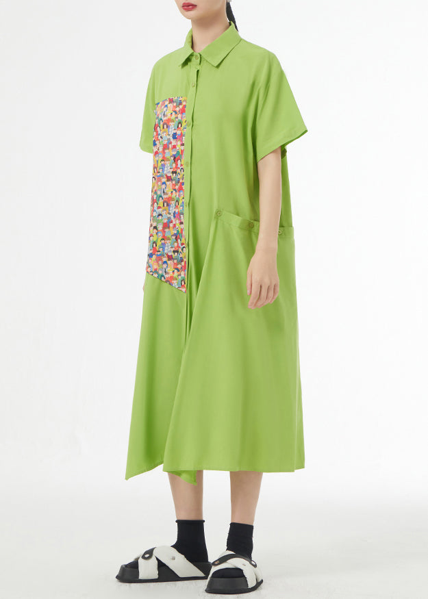 Chic Grass Green Asymmetrical Button Patchwork Silk Cotton Shirts Dress Summer Ada Fashion