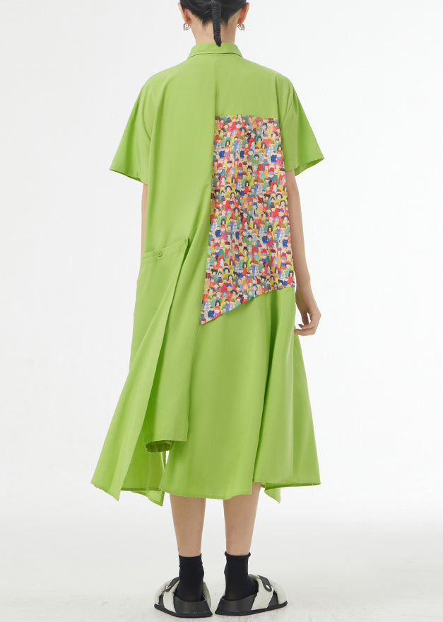 Chic Grass Green Asymmetrical Button Patchwork Silk Cotton Shirts Dress Summer Ada Fashion