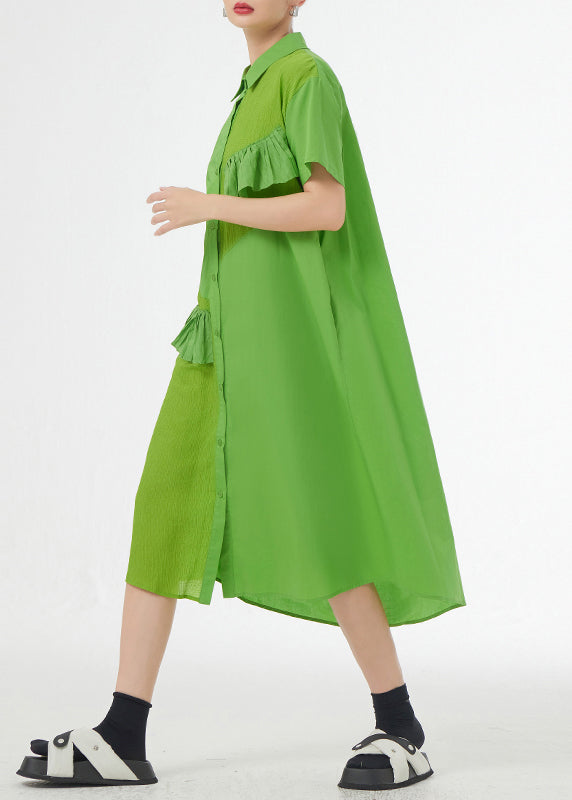 Chic Grass Green Ruffled Button Patchwork Cotton Shirts Dress Summer Ada Fashion