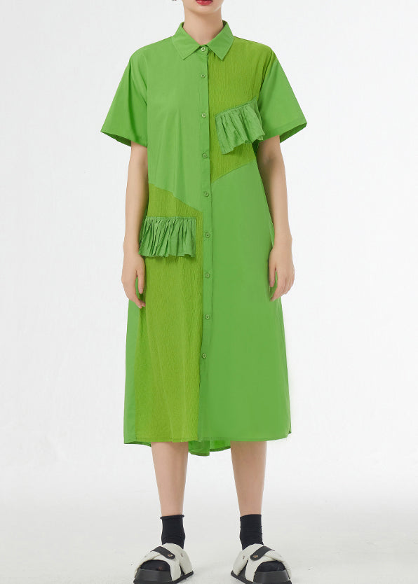 Chic Grass Green Ruffled Button Patchwork Cotton Shirts Dress Summer Ada Fashion