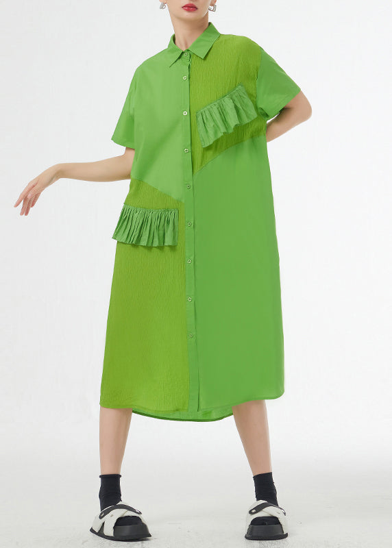 Chic Grass Green Ruffled Button Patchwork Cotton Shirts Dress Summer Ada Fashion