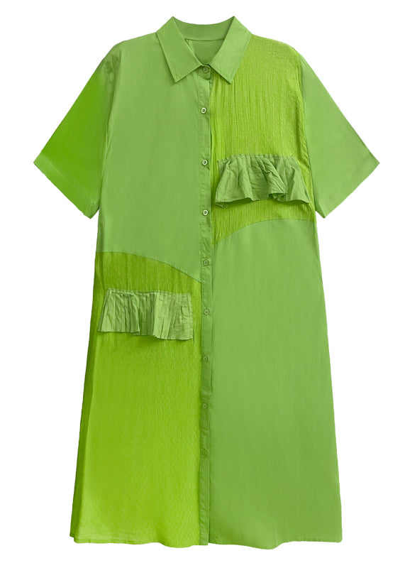 Chic Grass Green Ruffled Button Patchwork Cotton Shirts Dress Summer Ada Fashion