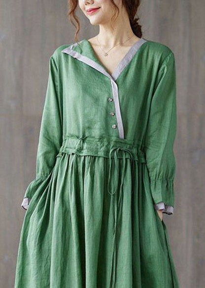 Chic Green Asymmetrical Design Tie Waist Cotton Holiday Dress Spring LY0538 - fabuloryshop