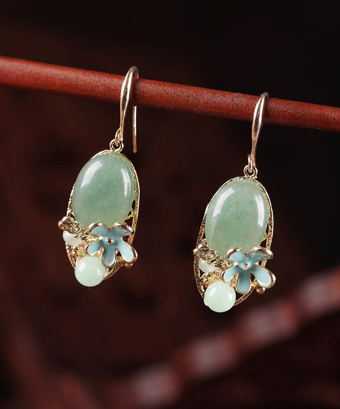 Chic Green Copper Pearl Jade Cloisonne Drop Earrings LY2280