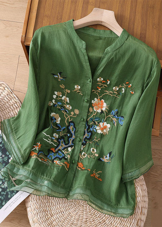 Chic Green Embroideried Button Patchwork Linen Top Bracelet Sleeve TP1059