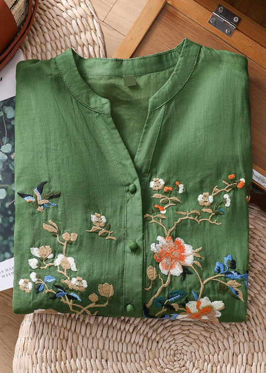 Chic Green Embroideried Button Patchwork Linen Top Bracelet Sleeve TP1059 - fabuloryshop