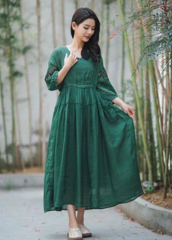 Chic Green Embroideried Hollow Out Patchwork Linen Dresses Summer LY2555 - fabuloryshop