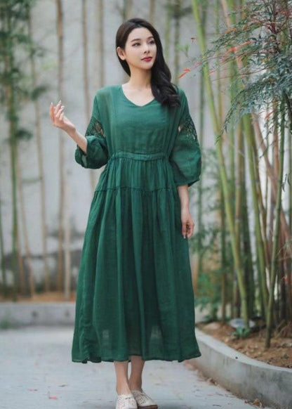 Chic Green Embroideried Hollow Out Patchwork Linen Dresses Summer LY2555 - fabuloryshop