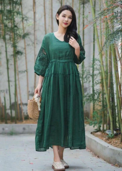 Chic Green Embroideried Hollow Out Patchwork Linen Dresses Summer LY2555 - fabuloryshop