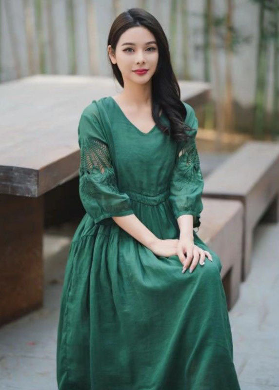 Chic Green Embroideried Hollow Out Patchwork Linen Dresses Summer LY2555 - fabuloryshop