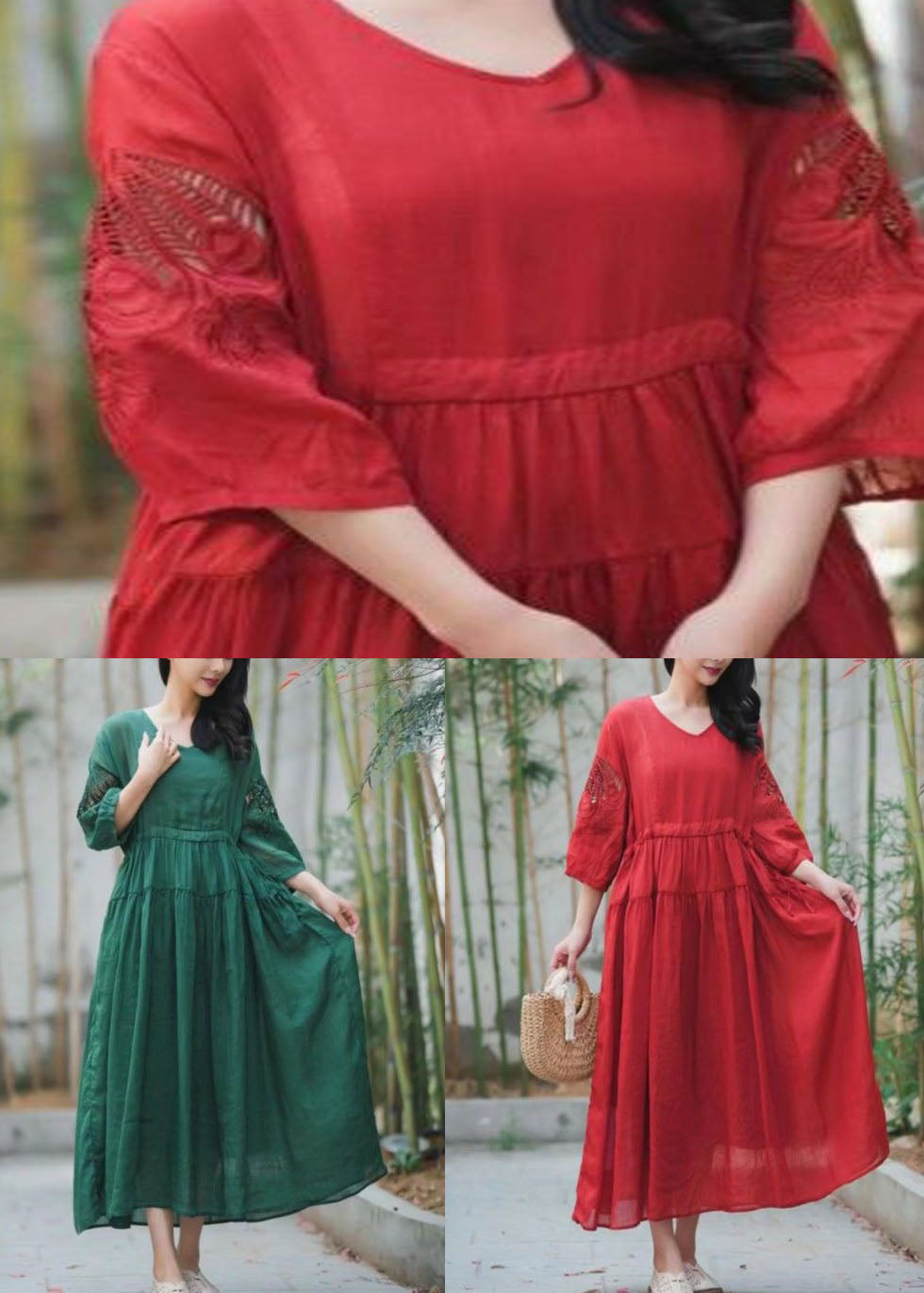 Chic Green Embroideried Hollow Out Patchwork Linen Dresses Summer LY2555 - fabuloryshop