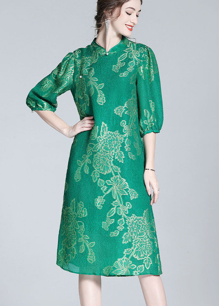 Chic Green Embroideried Patchwork Chinese Button Silk Dresses Summer LY0118 - fabuloryshop