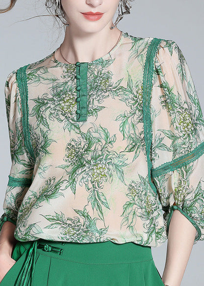 Chic Green Lace Patchwork Button Silk Top Spring LY0091 - fabuloryshop