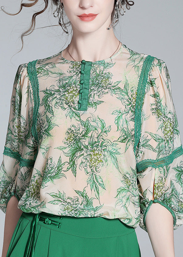 Chic Green Lace Patchwork Button Silk Top Spring LY0091 - fabuloryshop