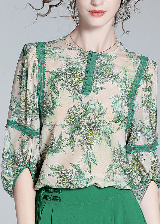Chic Green Lace Patchwork Button Silk Top Spring LY0091 - fabuloryshop