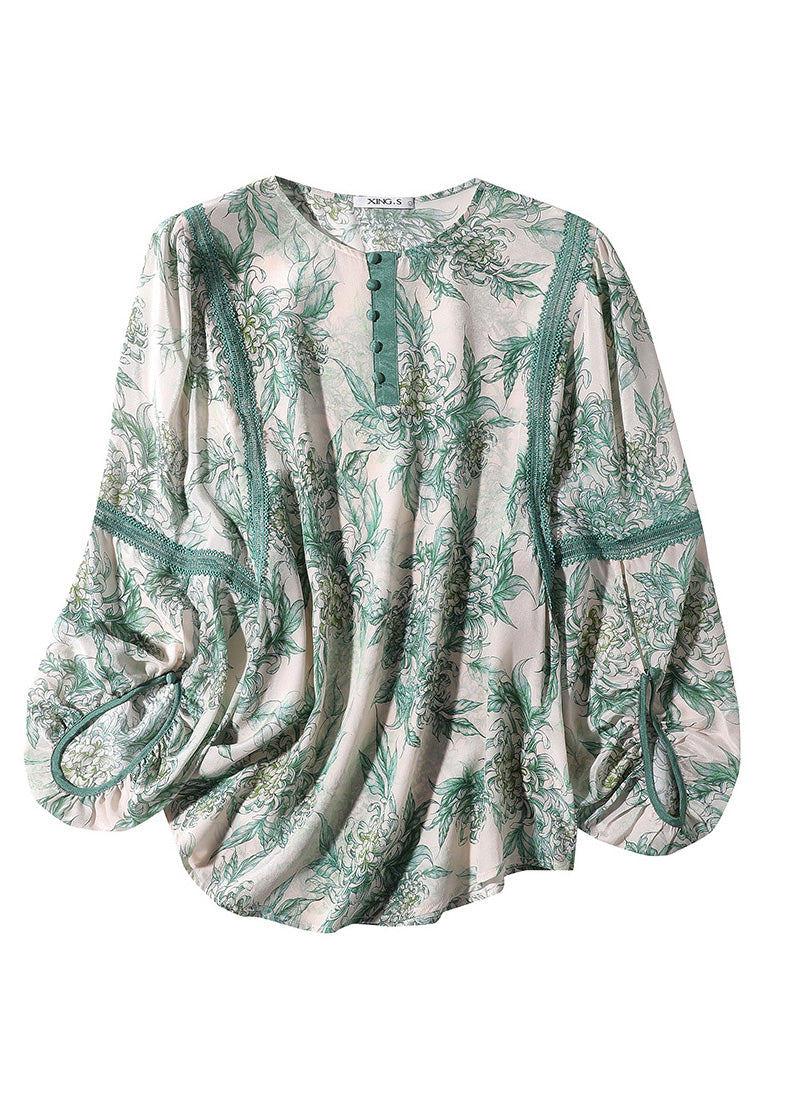 Chic Green Lace Patchwork Button Silk Top Spring LY0091 - fabuloryshop