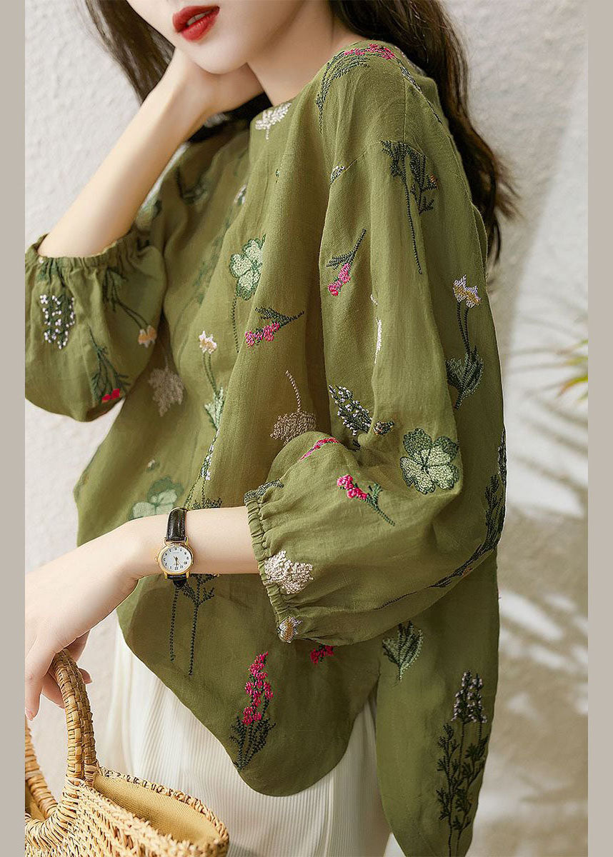 Chic Green O-Neck Embroideried Patchwork Cotton Tops Summer LY0073 - fabuloryshop