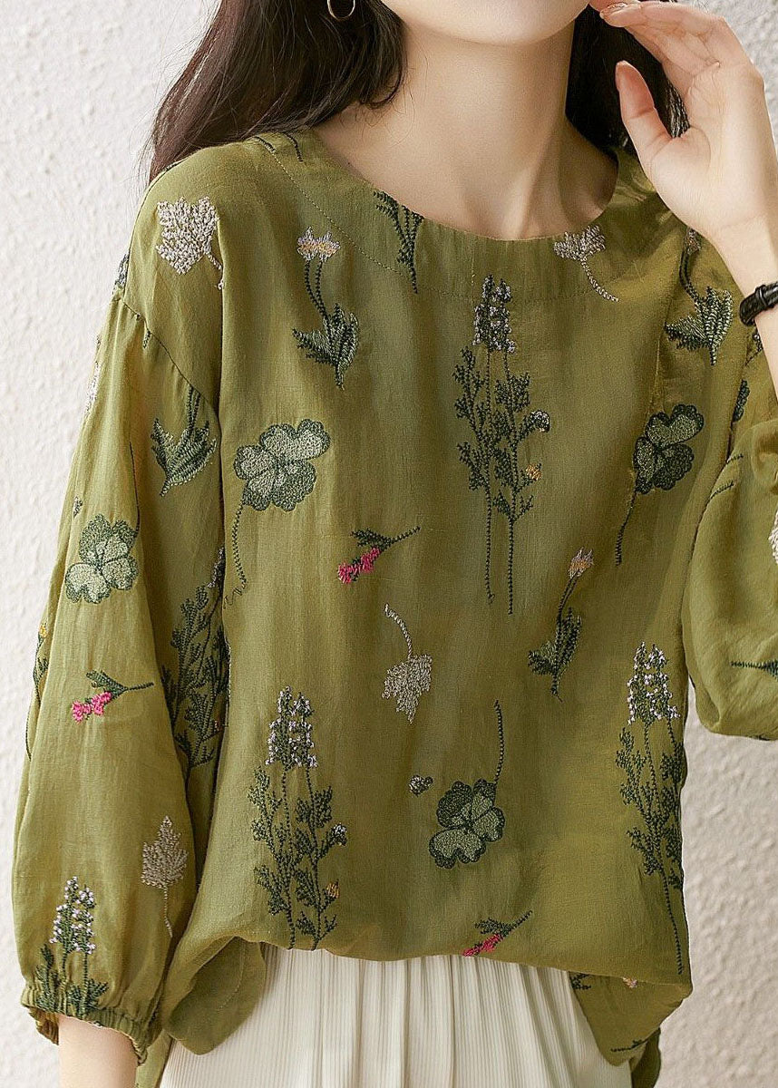 Chic Green O-Neck Embroideried Patchwork Cotton Tops Summer LY0073 - fabuloryshop